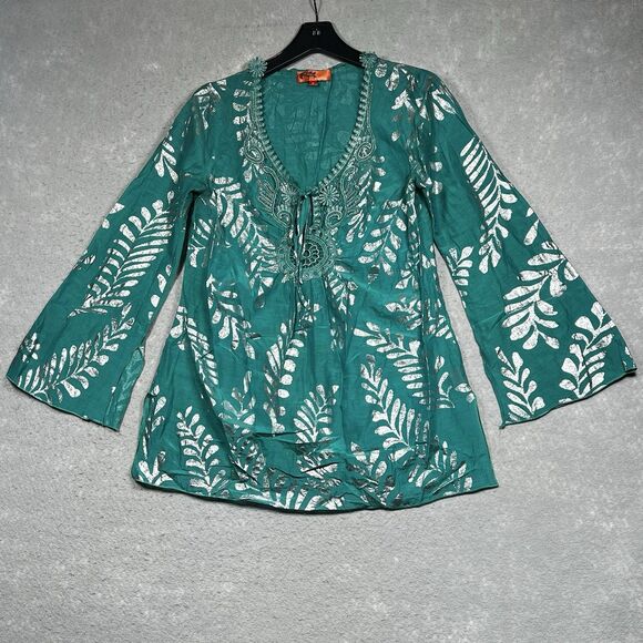 Hale Bob Top Womens Small Teal Silk Blend Metallic Gold Leaf Cabana Beach Tunic - Picture 1 of 14